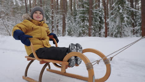 happy-chubby-toddler-is-sitting-in-wooden-sledge-and-smiling-happy-day-in-forest-park-in-winter